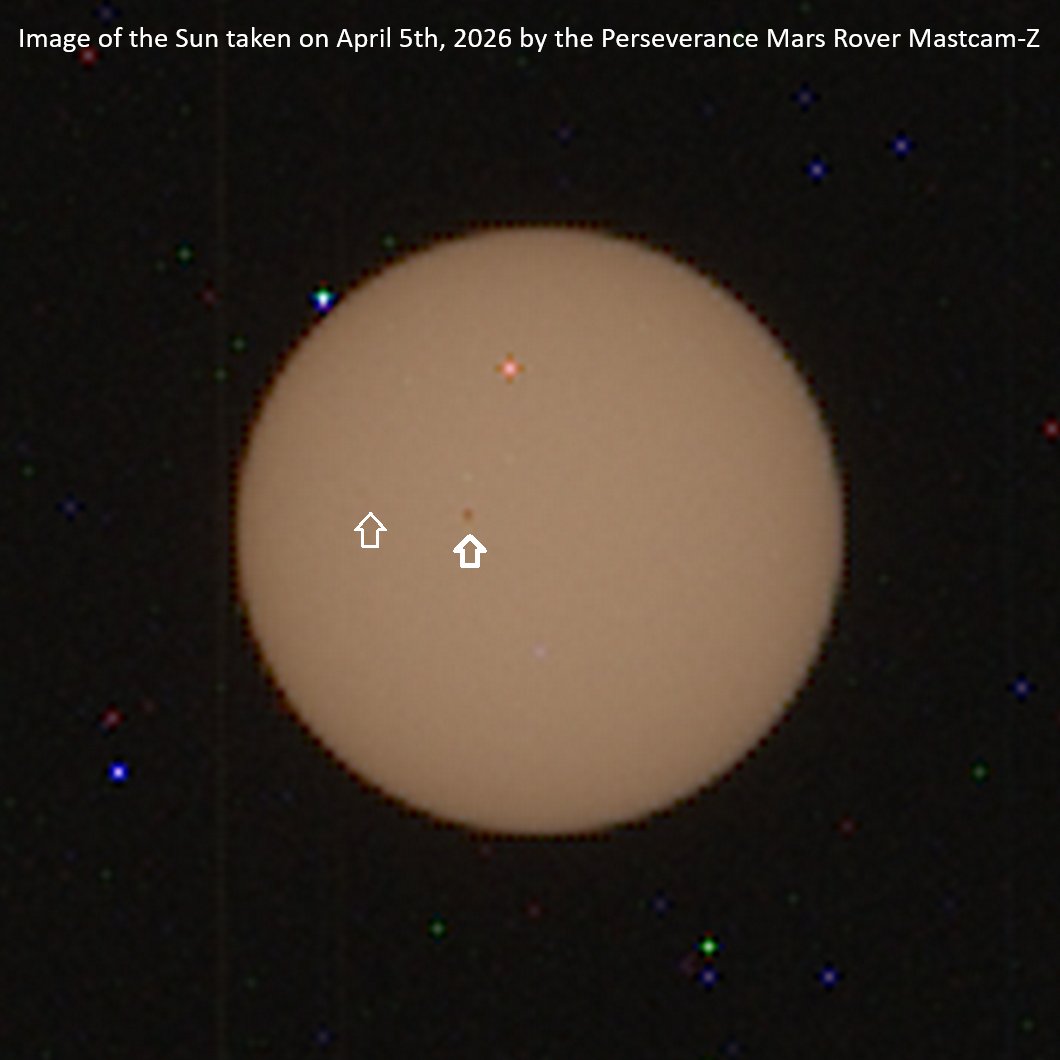 JAtanackov's tweet image. The latest image of the Sun from the Perseverance Mars rover, taken with the Mastcam-Z on April 5th shows a fairly big far side sunspot. Interestingly, helioseismic far-side images do not seem to clearly show it. There seem to be other sunspots at the detection limit, but nothing