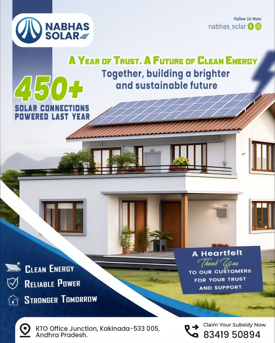 NabhasSolar's tweet photo. “450+ Homes Powered. One Powerful Future Ahead. ⚡🌱”

Powering dreams, lighting up futures! 💙
With 450+ successful solar connections, Nabhas Solar is proud to lead the way towards a greener tomorrow 🌍✨

#NabhasSolar #SolarEnergyIndia #GoSolar 🌞 #CleanEnergy 🌱 #GreenFuture https://t.co/uhj9gVyZK7