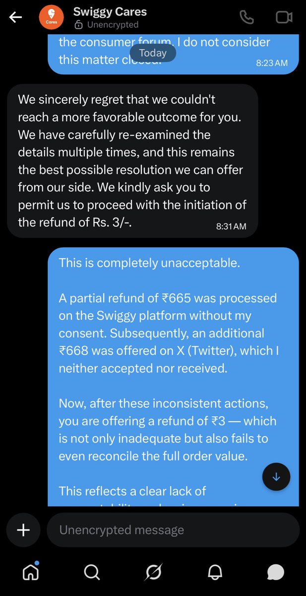 RahulJPSingh's tweet photo. @SwiggyCares @Swiggy — this is outright ridiculous.

₹665 refunded without consent, ₹668 offered but never given, and now ₹3 as “final refund” for a ₹1333 damaged order.

This is not resolution, this is mockery of customers.

@jagograhakjago @consaff @GoI_MeitY please take note. https://t.co/nl9VofUsZ8