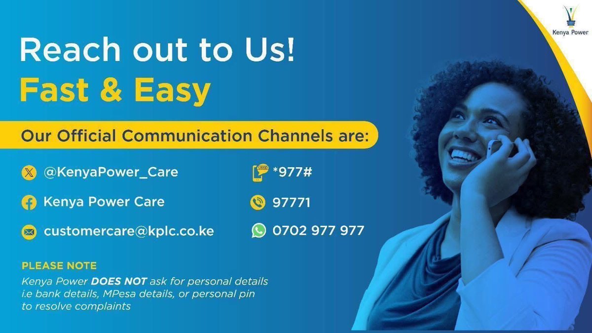 KenyaPower_Care's tweet image. Verify that you are using our official communication channels to ensure secure and effective service.

To safeguard against fraud, note that we will never ask for sensitive personal details such as your PIN, bank, or M-Pesa information to resolve complaints.

Your security