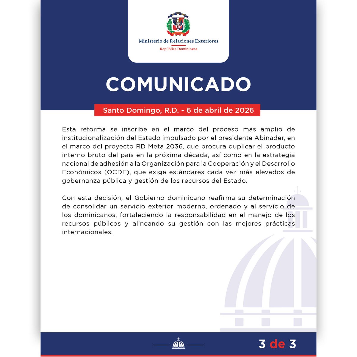 VSuarezd's tweet photo. Reconocimiento a la Transparencia y la Institucionalidad del señor presidente Luís Abinader Corona. 

Como proponente de la Ley Orgánica del Ministerio de Relaciones Exteriores y en mi calidad de Embajador Extraordinario y Plenipotenciario ante la Santa Sede, quiero felicitar al presidente de la República Dominicana, Luis Abinader Corona, por su valiente decisión de transformar el manejo de los recursos generados por los servicios consulares. Este paso trascendental marca un hito en nuestra gestión pública, llevándonos hacia una mayor transparencia y eficiencia.

Es importante destacar que esta decisión, esperada por la sociedad dominicana, había sido postergada por más de tres décadas. A pesar de haber sido propuesta en varios planes de gobierno anteriores, es justo ahora que el presidente Abinader asume con valentía esta responsabilidad, llevando a cabo una reforma que beneficia a todos.

La reciente medida de transferir los ingresos generados por los servicios consulares a la Cuenta Única del Tesoro (CUT) no solo asegura un manejo más centralizado y responsable de los recursos públicos, sino que también fortalece los procesos administrativos del Ministerio. 

Esta acción refleja un compromiso firme con la institucionalidad y la rendición de cuentas, elementos esenciales para el desarrollo sostenible de nuestra nación.

Puntos Clave de la Reforma:

- Centralización de Recursos: Los ingresos se manejarán de manera unificada, eliminando la discrecionalidad en su uso.

- Escala Salarial: Se establecerá una nueva escala salarial para los funcionarios consulares, asegurando una compensación justa y equitativa.

- Institucionalización: Este cambio se alinea con el proyecto RD Meta 2036 del presidente Abinader, que busca modernizar el sistema de servicios públicos.

- Adhesión a Estándares Internacionales: Se busca la integración nacional en organismos como la OCDE, promoviendo mejores prácticas en la gestión de recursos.

Con estas decisiones, el gobierno dominicano reafirma su compromiso con un servicio exterior más moderno y al servicio de los ciudadanos. 

Felicito al presidente Abinader por su liderazgo y determinación en este proceso que sin duda contribuirá a un futuro más brillante para la República Dominicana.

¡Felicidades y éxitos en esta nueva etapa!