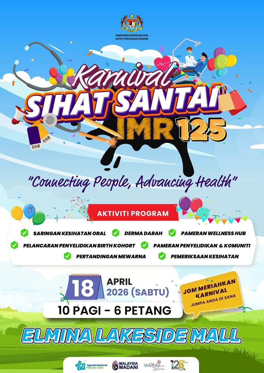 MSPTM_org's tweet photo. The Institute for Medical Research cordially invites you to the Karnival Sihat Santai IMR 125.

This event aims to connect communities with health initiatives through activities such as health screenings, blood donation, research exhibitions &amp; community engagement programmes. https://t.co/Hqe2ozgiZo