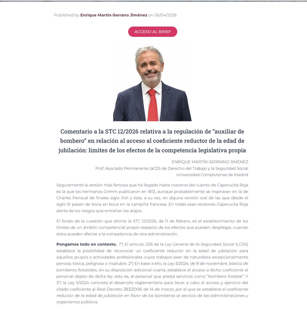 AEDTSS's tweet photo. Hoy os proponemos un brief de @eMartinSerra_NO sobre la STC 12/2026 relativa a la regulación de “auxiliar de bombero” en relación al acceso al coeficiente reductor de la edad de jubilación
¡Buena lectura!
Enlace: https://t.co/vxevG9FNY3 https://t.co/3b6ZYxVwxC