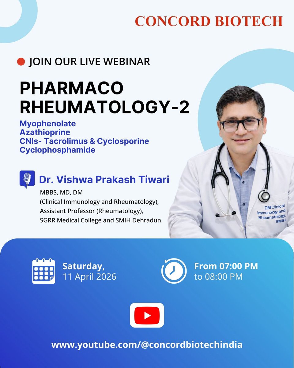 ConcordBiotech's tweet photo. We’re back with the second session of our academic Rheumatology teaching series.

Topic: Pharmaco Rheumatology – 2

Watch us live on Saturday, 11th April 
07:00 PM – 08:00 PM

📍 Live on YouTube: https://t.co/8uRUtPqhtf https://t.co/6IXIpv7tuP