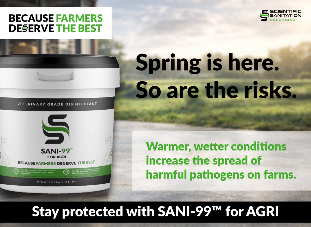Scisan_UK's tweet photo. 🌱 Farmers spring brings risk!

More movement. More moisture. More disease spread.

Protect your farm with SANI-99™ for AGRI:

✅ DEFRA approved (FMDO, DoP/AI, GO)
✅ 99.99995% efficacy (Log 7)
✅ Long-lasting, non-toxic protection
Stay ahead this spring. #Farming #Biosecurity https://t.co/KW9VdTYClL
