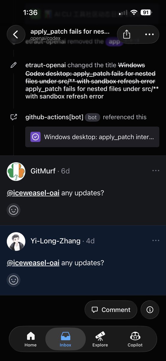 GitMurf's tweet photo. @dkundel @thsottiaux @dkundel I hate to keep bugging you but this really feels like Windows is being left behind &amp; is quite frustrating. I know everyone is busy, but someone from the team finally responded &amp; asked for logs &amp; details which many folks provided and now haven’t heard a thing in 11 days. https://t.co/BDXt11zjfm