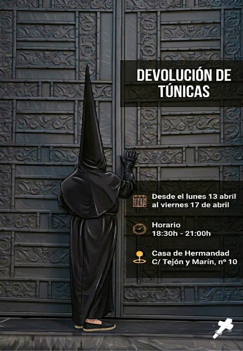 Hdad_Via_Crucis's tweet photo. Del 13 al 17 de abril te esperamos en la casa de hermandad para recoger la túnica.
No te olvides !!!! https://t.co/dQmImFdLgq