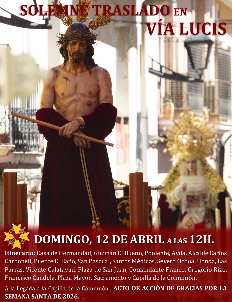eccehomoaspe's tweet photo. Este domingo, 12 de abril, tendrá lugar el Solemne Traslado en Vía Lucis del Señor y la Virgen desde la casa de hermandad hasta la Capilla de la Comunión de la Basílica Ntra. Sra. del Socorro. Una vez en esta, tendrá lugar el Acto de Acción de Gracias por la Semana Santa de 2026. https://t.co/DGr2RiAVo3