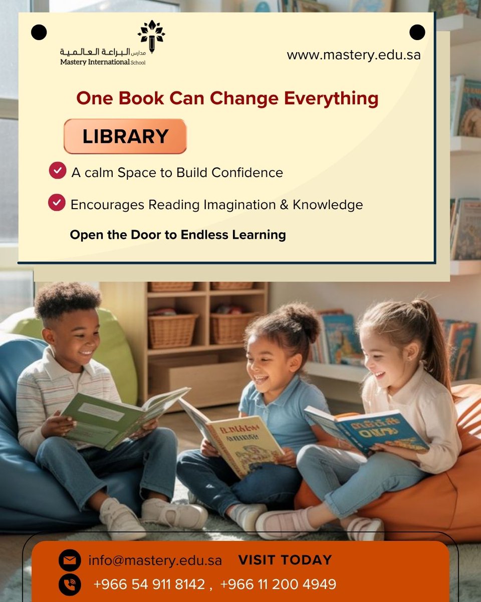 mastery_sch's tweet image. One book can change everything!  Our library is a calm space that encourages reading, imagination, and knowledge. 
 🌐 Visit us: mastery.edu.sa #EndlessLearning #KidsLibrary #ImaginationUnleashed #BuildingConfidence #ReadingIsFun #MasterySchool