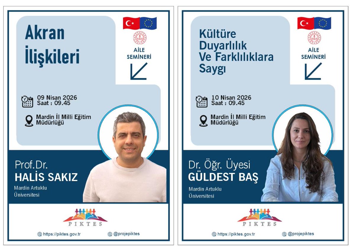 mardinilmem's tweet photo. 👨‍👩‍👧‍👦 Türk Eğitim Sisteminde Çocuklar İçin Kapsayıcı Eğitimin Desteklenmesi Projesi (PİKTES) kapsamında düzenlenecek Aile Seminerinde; Akran İlişkileri ile Kültüre Duyarlılık ve Farklılıklara Saygı konuları ele alınacaktır. Tüm velilerimizi bekliyoruz. 🌍📚

📍 Mardin İl Millî Eğitim Müdürlüğü
🗓️ 09–10 Nisan 2026
🕘 09.45

@tcmeb 
@Yusuf__Tekin 
@tuncay_akkoyun 
@ali_eyyupkoca