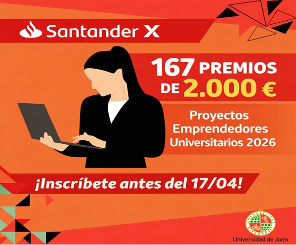 empleuja's tweet photo. Aún estás a tiempo de presentar tu idea o proyecto emprendedor a los Santander X Spain Awards | Proyectos Emprendedores Universitarios 2026. 
🏆 Premio de 2000€ y acceso a la fase nacional 
Inscripción abierta hasta el 17/04/2026  en 
https://t.co/pXTv9iUcen

@vicestUJA @ujaen https://t.co/IJwyEacV6O