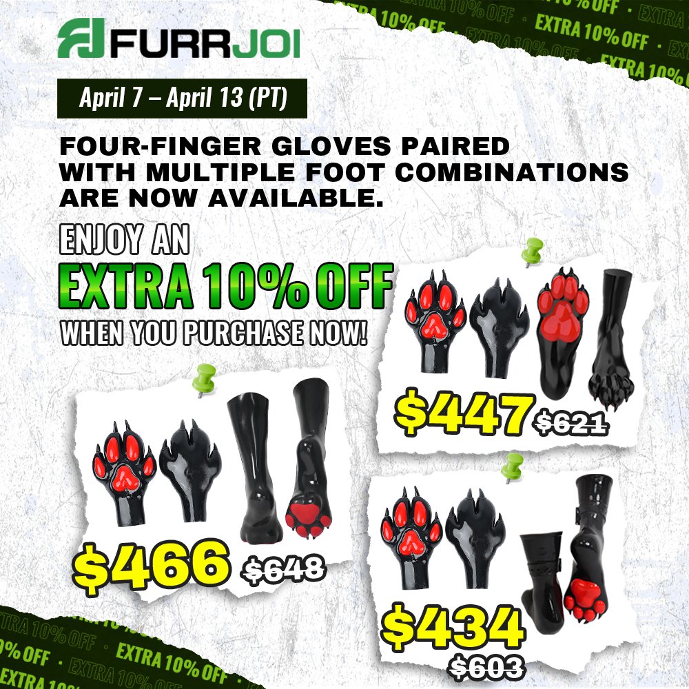 furrjoi01's tweet image. Four-finger Gloves paw sets are ON SALE now!

furrjoi.com/promotion/137 Sale ends April 13 ⏰

#furrjoi #silicone