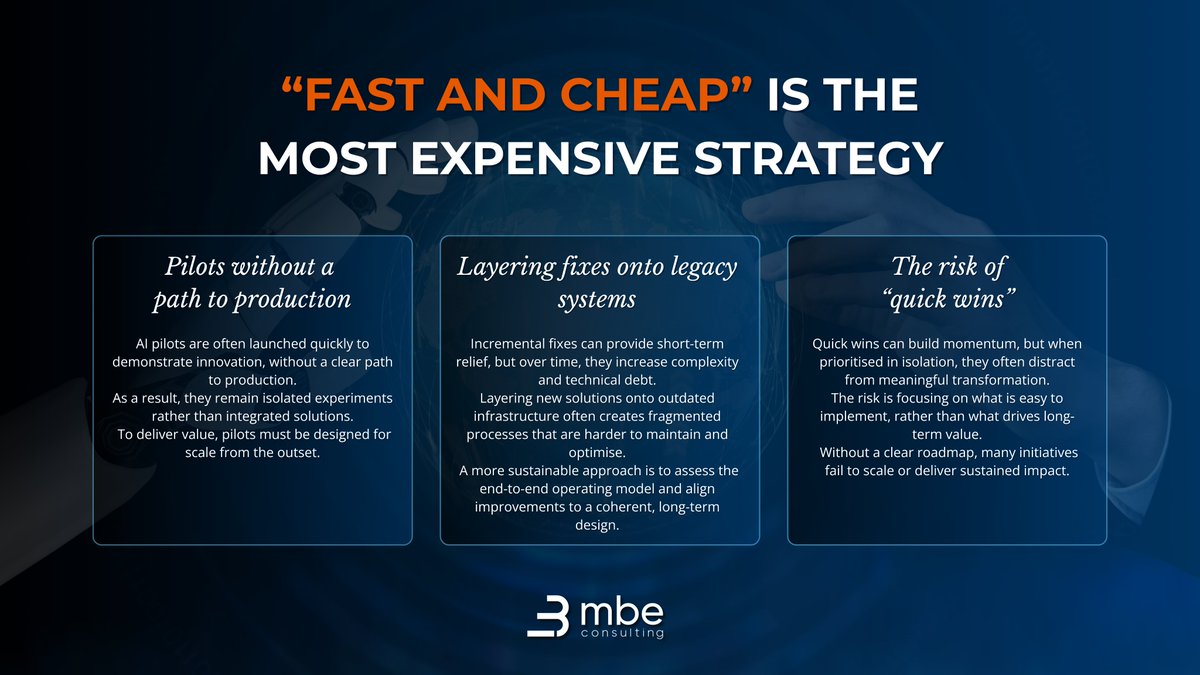 MBE_SA's tweet photo. “Fast and cheap” is often the most expensive strategy in actuarial transformation. Quick pilots, layered fixes and pressure for rapid wins often create complexity, technical debt and solutions that never scale. Sustainable performance comes from moving with clarity and structure. https://t.co/VIjLZ58zoG