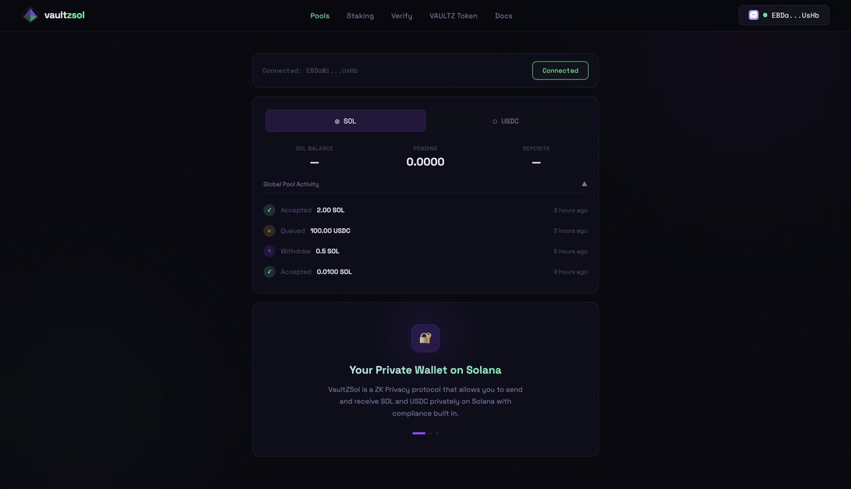 Vaultzsolana's tweet photo. ๐ The @vaultzsol Global Pool is already moving
โ
Accepted 2.00 SOL
๐ก Queued 100.00 USDC
โฌ๏ธ Withdraw 0.5 SOL
Private transactions on $SOL are happening right now. Are you in?
#Solana #DeFi #ZKProof #VaultZSol https://t.co/AaKF3RXDOQ