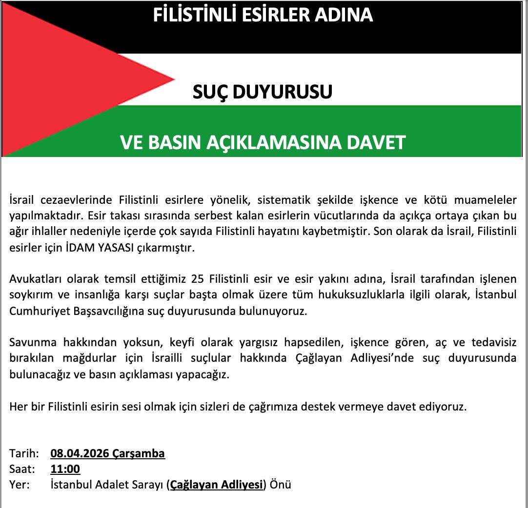 İsrail cezaevlerinde tutulan Filistinli Esirler, ağır işkencelere maruz kalmakta ve son çıkan yasa ile  idam  edilme riski altındadır.
Bir kısmı müvekkilimiz olan Filistinliler adına ve diğer tüm Filistinli esirler için suç duyurusunda bulunacağız. 
Her bir esirin sesi olmak için