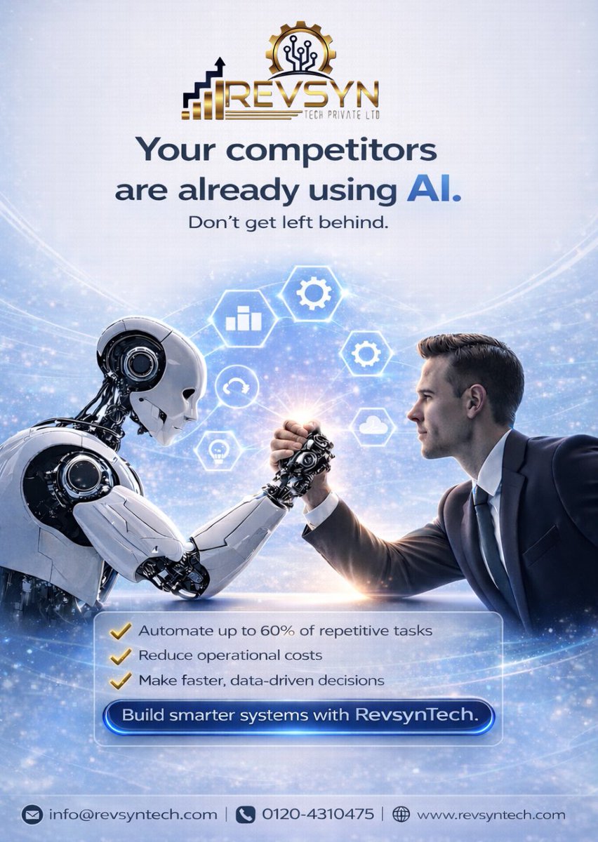 Revsyntech's tweet photo. It’s not AI vs Humans.
It’s AI + Humans = Unstoppable growth.

Build smarter systems with RevsynTech and unlock your true business potential.

📩 info@revsyntech.com

🌐 https://t.co/QSvX9G4xa9

☎️ 0120-4310475

#AIAndHumans #SmartBusiness #FutureReady #AIIntegration #RevsynTech https://t.co/k6ttM7ORvF