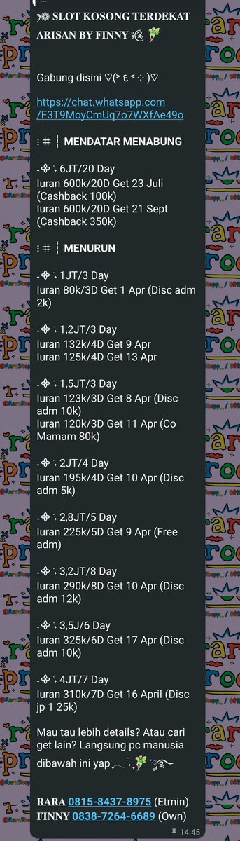 arsbyfinny's tweet photo. Masih avail get kemarin dan get besok ni slot rugi tipis ditake yuu 🙆🏻‍♀️ avail juga get terdekat lainnya 😋 menurun mendatar ada smua yaa 👊🏻 um bisa potget 💅🏻 cek cek detail sung pc dibio 🔥

Grup utama https://t.co/yCvyo06q6h

#zonauang #zonaduit #zonaba #zonajajan #arisan https://t.co/irzlBuAWkh