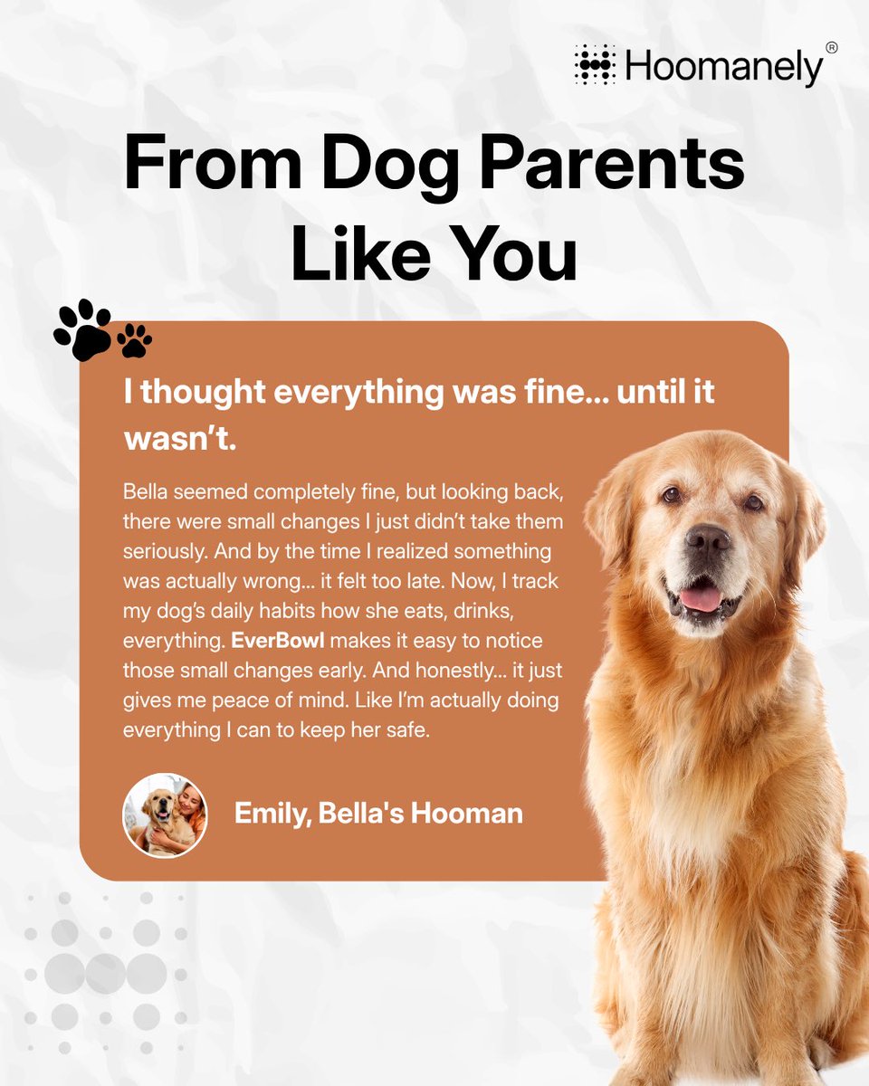 hoomanely's tweet photo. Bella seemed completely fine but there were small changes I didn’t take seriously. By the time I realized something was wrong, it felt too late. 
That’s why paying attention to your dog’s daily patterns matters. Comment “CHECK” and we’ll share how to track your dog’s health early https://t.co/EOg4dEkJtV