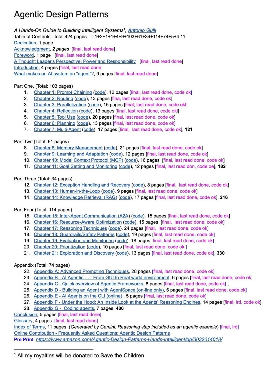 alifcoder's tweet image. A senior Google engineer just dropped a 421-page doc called Agentic Design Patterns.

Every chapter is code-backed and covers the frontier of AI systems:

→ Prompt chaining, routing, memory
→ MCP &amp;amp; multi-agent coordination
→ Guardrails, reasoning, planning

And it’s free.￼