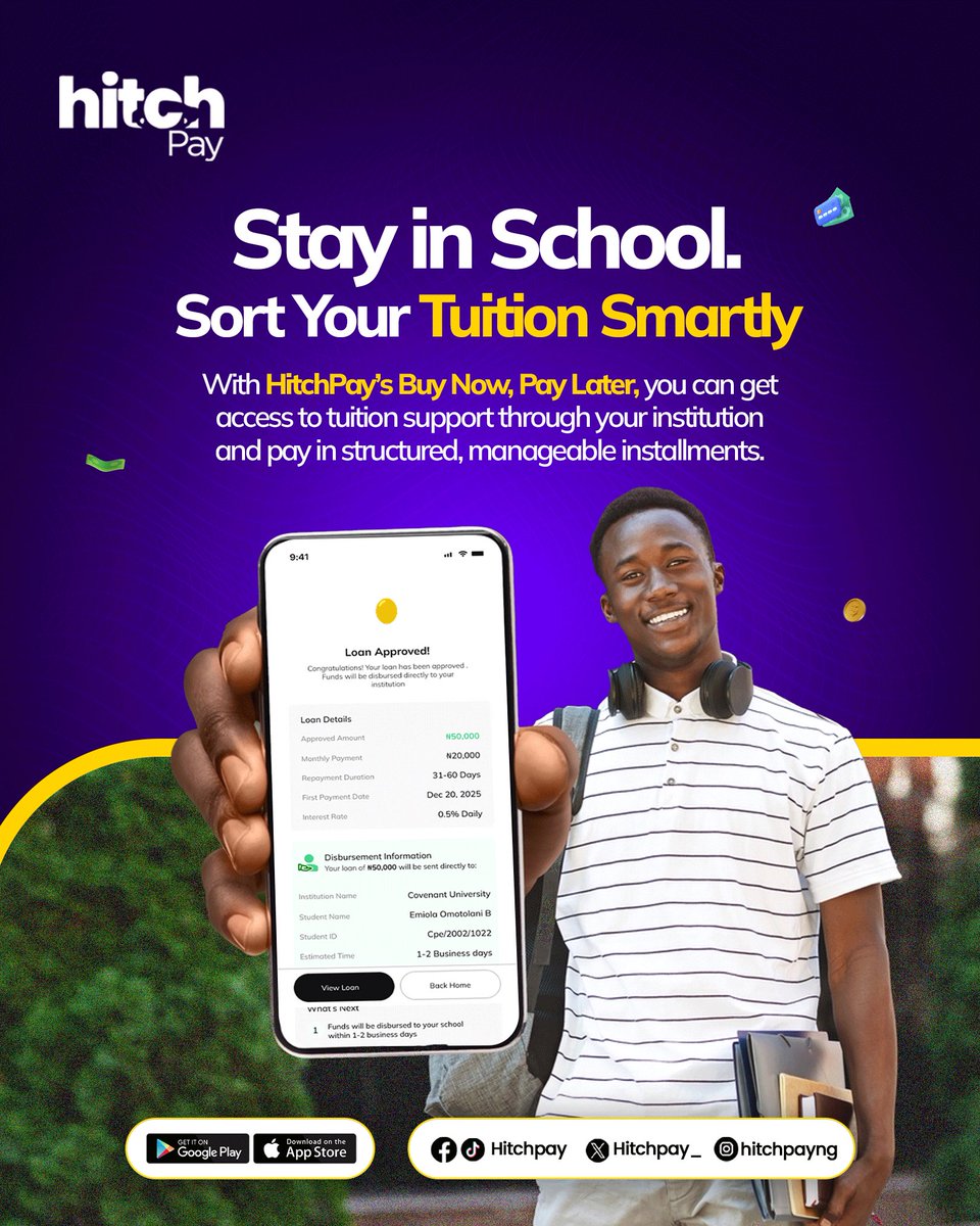 hitchpay_'s tweet photo. Pay smarter and stay in school with HitchPay BNPL. Tuition doesn’t have to wait. Access support now and repay in flexible installments that work for you.

Update your app to enjoy this amazing feature.

#FintechInnovation #StudentFinance #DigitalPayments #EmbeddedFinance https://t.co/sU18opqTor
