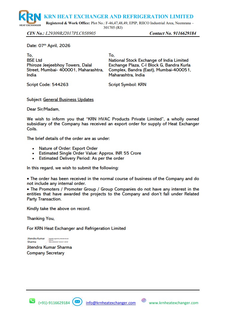 AvinashGoraksha's tweet image. KRN Heat Exchanger and Refrigeration Limited has secured an export order worth ~₹55 crore through its wholly owned subsidiary, KRN HVAC Products Private Limited, for the supply of heat exchanger coils. 

#KRN #Orderwin #HVAC