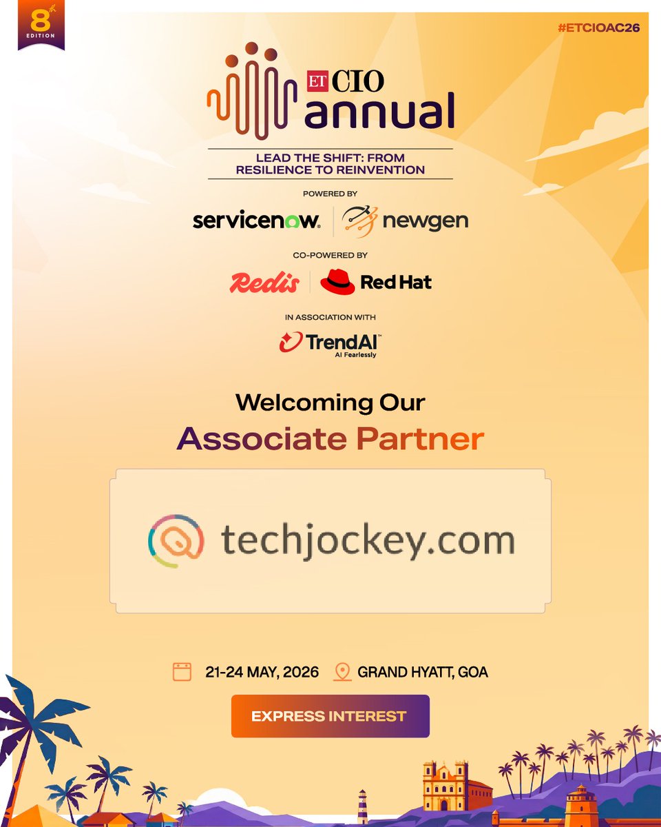 ET_CIO's tweet image. We're delighted to present @TechJockeys as the Associate Partner for the 8th Edition of ETCIO Annual.

📍 21–24 May 2026 | Grand Hyatt, Goa

Express Interest - cio.economictimes.indiatimes.com/annual-conclave

#ETCIOAC26 #ETCIO #TechLeadership #EnterpriseTech