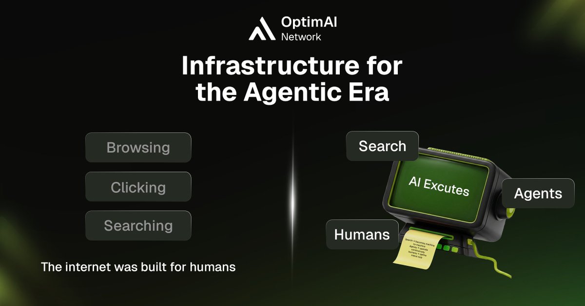OptimaiNetwork's tweet image. The internet was built for humans.
Browsing. Clicking. Searching.
But AI doesn’t browse. It executes.

↓

Search → becomes machine-to-machine
Agents → operate continuously
Humans → define intent only

OptimAI is building infrastructure for a world where software runs itself.
