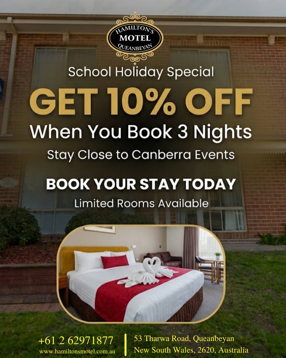hamiltonsmotel's tweet photo. Planning a quick getaway this #schoolholiday?
Stay close to Canberra’s top events &amp; enjoy a comfortable, relaxing stay at Hamilton’s Queanbeyan Motel.

Book 3 nights &amp; get 10% off your stay.
Reserve your stay today  at +61 2 62971877!
https://t.co/s5ETgHtAXS 

#motel #stay #rooms https://t.co/lNFgK6bfwR