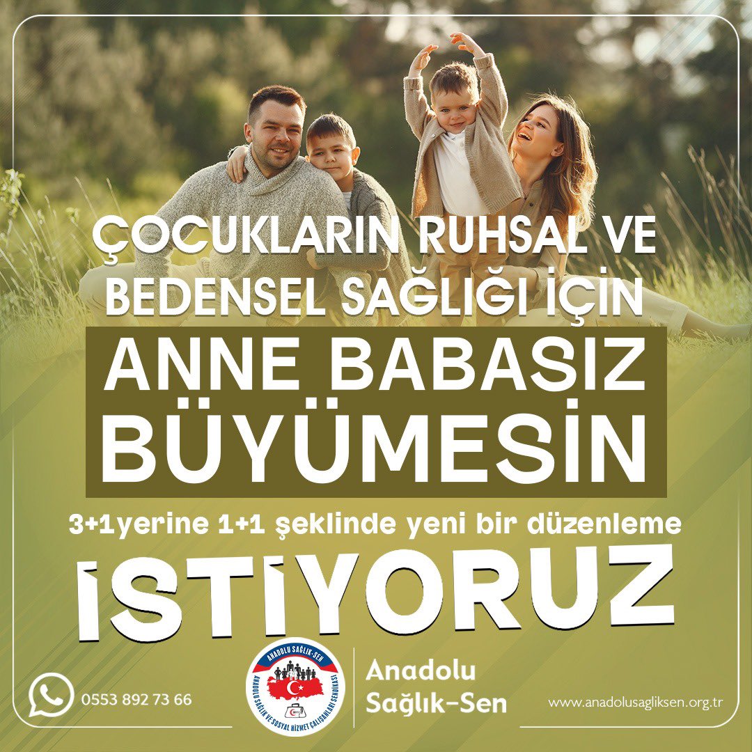 anadolusaglikgm's tweet photo. AİLELER PARÇALANMASIN, ÇOCUKLAR MUTLU BÜYÜSÜN
📍3+1 çakılı sözleşmeli personel ne yazık ki 2025 yılında ilan edilen “AİLE YILI” nda da bir araya gelemedi! Farklı illerde farklı kurumlarda görev yapmaları nedeniyle parçalanmış aileler haline geldi!
📍Anayasa'nın 41. maddesinin 1. ve 2. fıkrası aile birliğinin sağlanması için gerekli tedbirlerin alınmasını hüküm altına alırken, 657 Sayılı Devlet Memurları Kanunu’nun 72. maddesinin 2. fıkrası da devlet memurunun naklen atanmasında aile birliğinin sağlanması için tedbir mahiyetinde bir maddedir. Danıştay’da buna dikkat etmektedir.
📍Üniversite Hastanelerinin yer değiştirme ve nakil yönetmeliği sürüncemede kalarak belirsizliğini koruyor. Aileler farklı illerde hem ekonomik olarak hem de aile bütünlüğünün korunması açısından hem sosyal hem de psikolojik olarak yıpranmış durumdalar.
📍Sağlık Bakanlığına bağlı teşkilatlarda çalışanlar da 3+1 nedeniyle aileleriyle aynı ilde birleşemiyorlar. Sağlık Bakanlığı Atama ve Yer Değiştirme Yönetmeliği’nin revize edilerek ailelerin aynı ilde birleşmeleri sağlanmalıdır.
📍Eşlerden SGK veya Bağ-Kur’lu olanlar ile Üniversite Hastaneleri ve Sağlık Bakanlığı’nda farklı kurumlarda görev yapan personelin aile birliğinin sağlanması açısından 3+1 yerine 1+1 şeklinde yeni bir düzenlemeye ihtiyaç duyulmaktadır.
📍Aileyi parçalanmaktan kurtarmak, özellikle çocukların ruhsal ve bedensel gelişimlerinin sağlıklı olabilmesi, ailenin huzur ve mutluluğunu devam ettirmek ve bu yolla kamu görevlilerinin ailevi kaygılardan uzak bir biçimde kamu hizmetlerini verimli, etkin ve sağlıklı bir şekilde yürütmelerinin sağlanması 3+1 şartının revize edilmesine bağlıdır.
📍2025 yılı “AİLE YILI” ilan edilmesine rağmen hem Üniversite Hastanelerinde hem de Sağlık Bakanlığına bağlı tesislerde görev yapanların aile birliği sağlanabilmiş değil. Konusunun önem ve önceliğine binaen Sayın Cumhurbaşkanı’mızın dikkatine sunuyor ve bu sorunun bir an önce çözülmesini talep ediyoruz.

#SiyasetinDeğilÇalışanınSendikası 
https://t.co/3gPnYd5SMN
☎️0312 229 24 55
🖨️0312 22924 56
📞0553 892 73 66
#anadolusağlıksen  #aile #anne #baba #çocuk #ailebirliği #ailelerparçalamasın