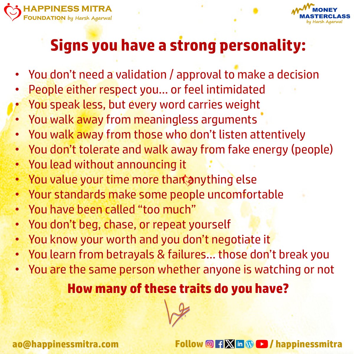 HappinessMitra's tweet photo. These are not attitude, these are strengths.... how many of these traits do you have? How many do you need to still build?

#personality #Strength #attitude #emotionalintelligence #happiness #lifeskills #lifecoach #Peace #viral #tuesdays #HappinessMitra #HarshAgarwal https://t.co/mriwLZCmYR