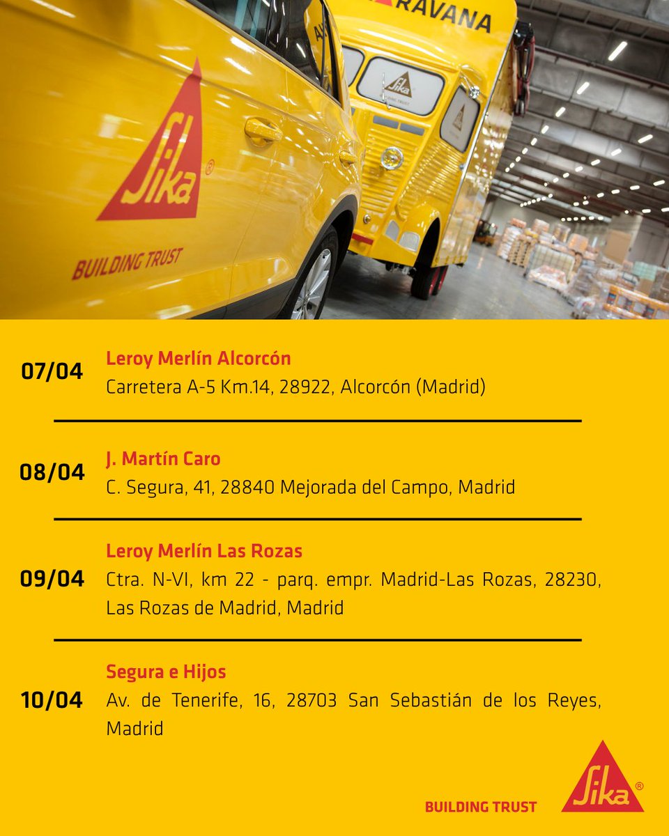 SikaSpain's tweet photo. 🚐✨ ¡Última semana de la SIKARAVANA en Madrid!
 
Promoción especial “Relax, es Sika” 

Participa y consigue un premio seguro e instantáneo: 🎁 productos, regalos y hasta tarjetas de 50 € para canjear en productos SIKA.
 
📅Fechas disponibles

📍 Lugares donde estaremos https://t.co/EAVomtxAJM