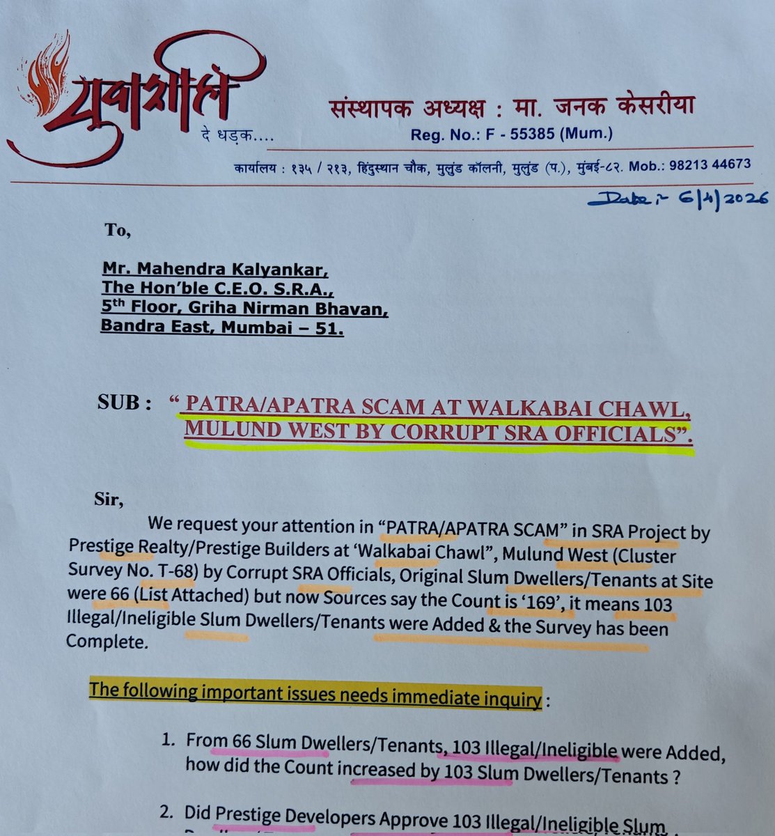 jskeshriya's tweet photo. Sir #MahendraKalyankar #CEO #SRA , our source informed Amol Pawar, employee of SRA is mastermind in "Addition" of #Illegal /#Ineligible #Slum Dwellers/Tenants at Walkabai Chawl, #Mulund west, project by @prestigegroup 

Sir sources say he is charging anywhere from 7-10 #lakhs as #Bribe #money to Illegally add Rooms after #Survey is done, Is this True ???????
