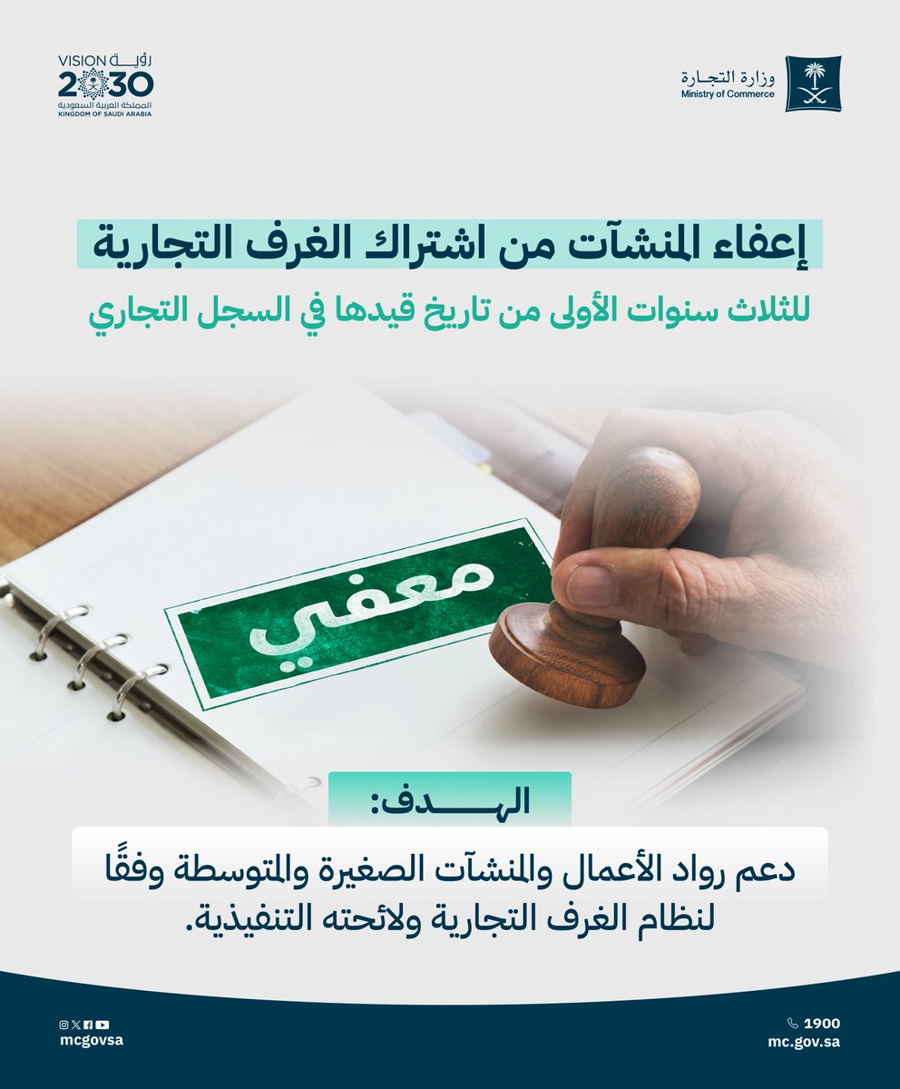 :: إعفاء المنشآت من اشتراك الغرف التجارية
للثلاث سنوات الأولى من تاريخ قيدها في السجل التجاري.