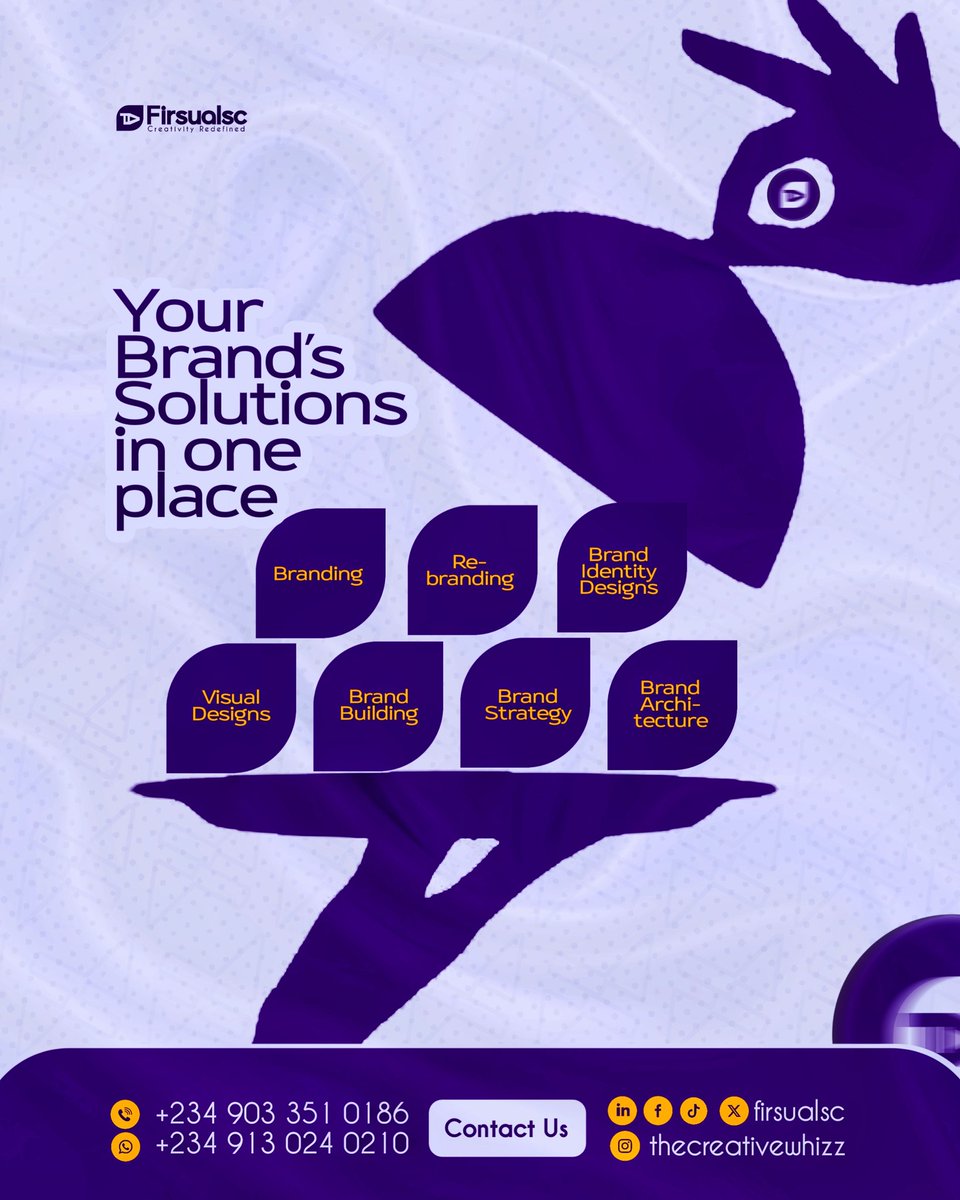 Firsualsc's tweet photo. EVERYTHING YOUR BRAND NEEDS, ALL IN ONE PLACE.

At Firsualsc,

We simplify your journey by offering complete brand solutions, from strategy to design and execution.

No stress, no scattered services. https://t.co/mlA9gnFQ0u