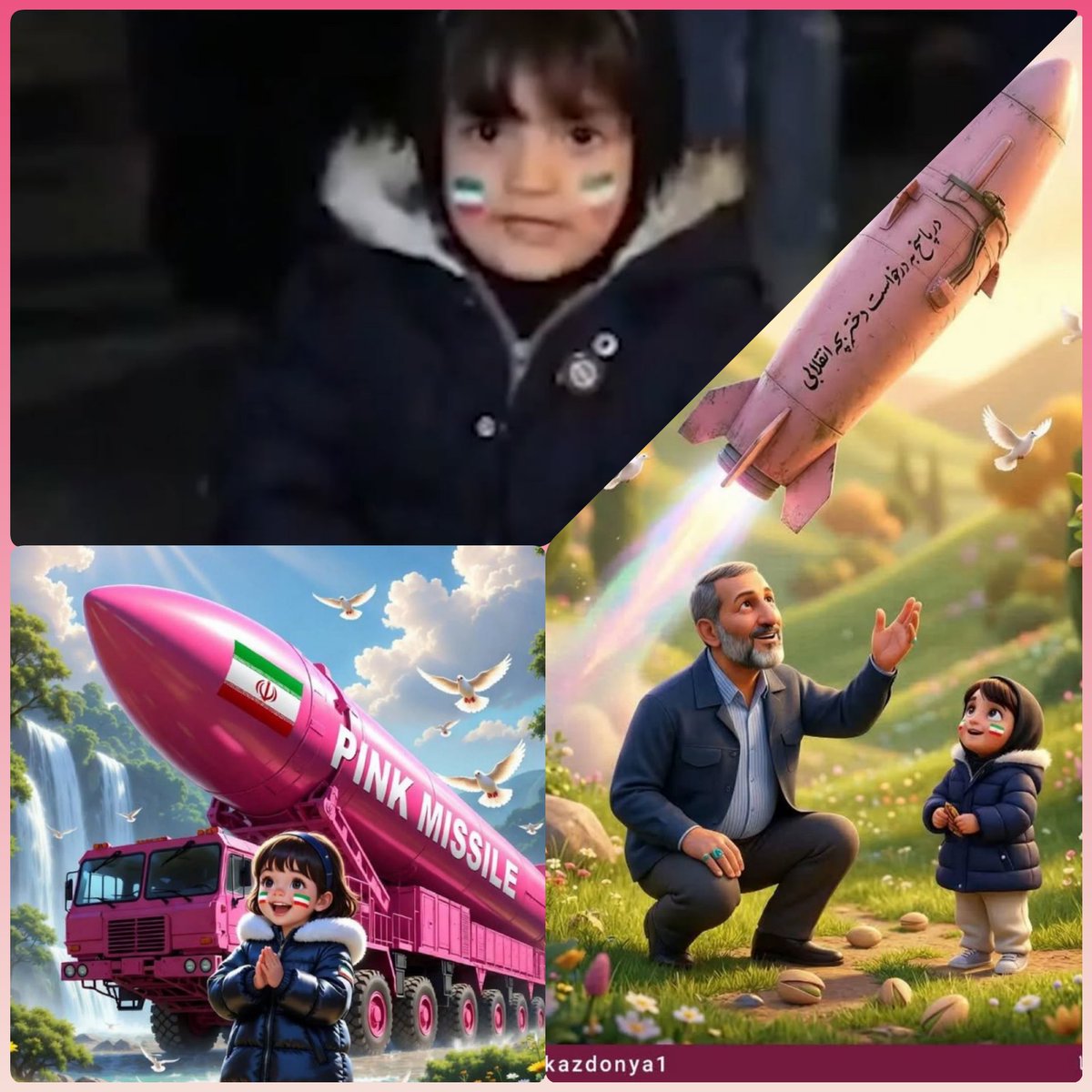 1tasneEmzEhRa72's tweet photo. This little girl asks the IRGC Aerospace Commander to "strike Israel with a pink missile"
They made it just because of her'
#Iran
#HumanitarianAid #humanity #missle #pink https://t.co/MCMEtZBXik