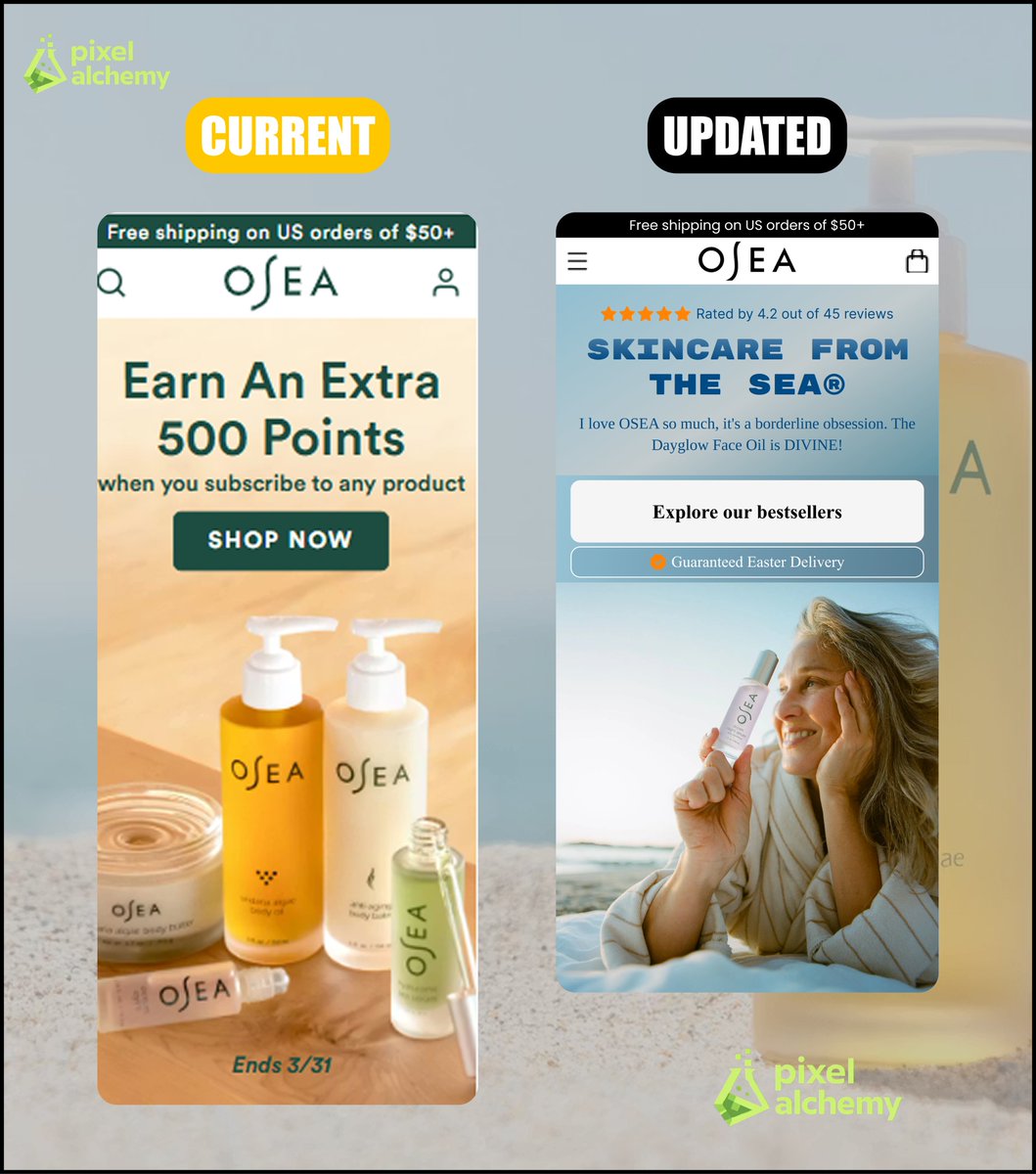 AjeigbeAbi7220's tweet image. Improved OSEA’s hero section for higher conversions  

Better hierarchy, stronger value prop, and a more compelling first impression.

Current vs Updated 

#uiux #figma #landingpage #pdp