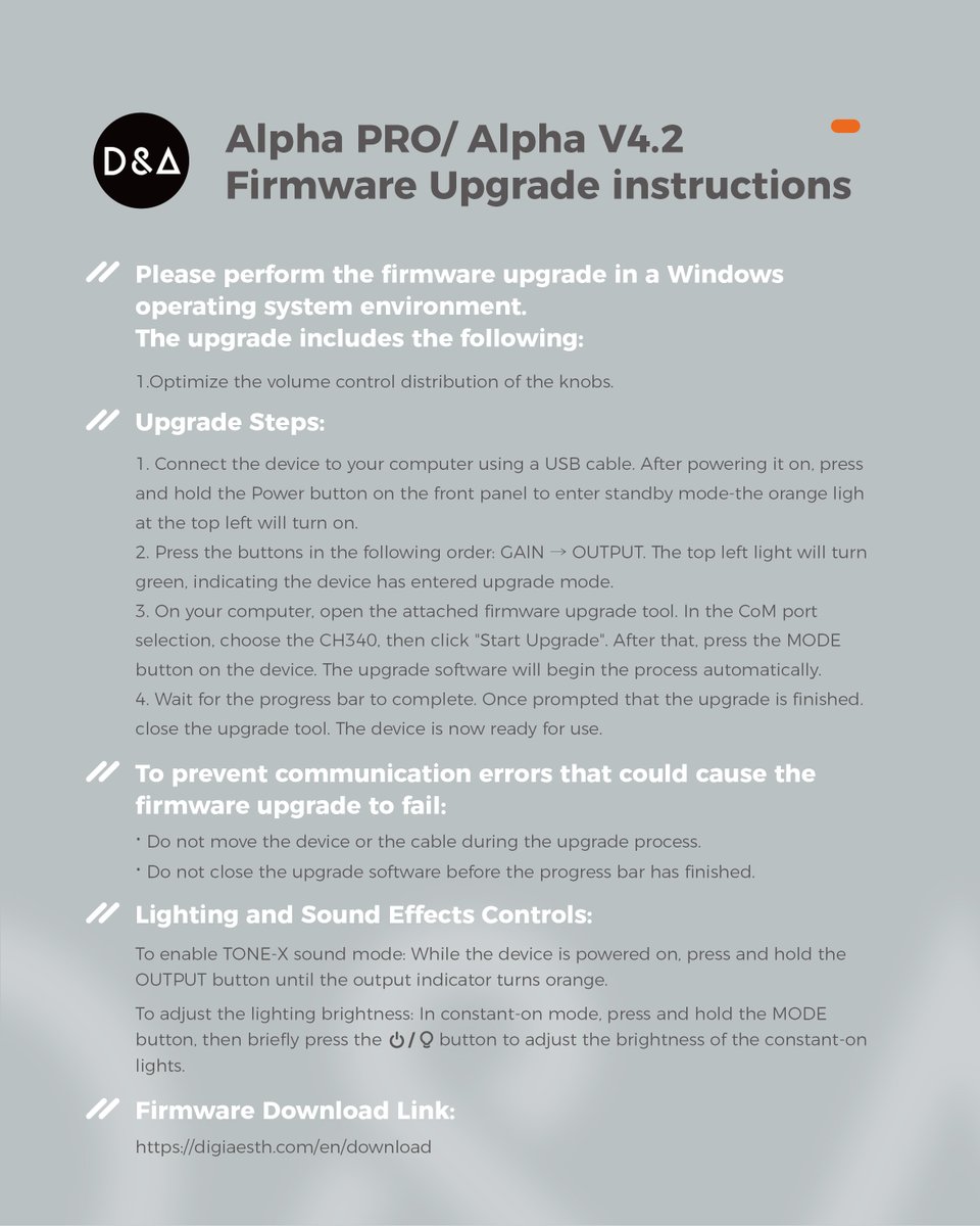 Digi_Aesth's tweet photo. “Alpha Series” Firmware Update Notice

This firmware update (V4.2) includes the following improvements:
1. Optimized volume control curve for the knob

Upgrade to unlock a more “advanced” audio experience. D&amp;A thanks you for your support.

#hifi #AMP #DAC #Alpha https://t.co/pAinN9oz4d