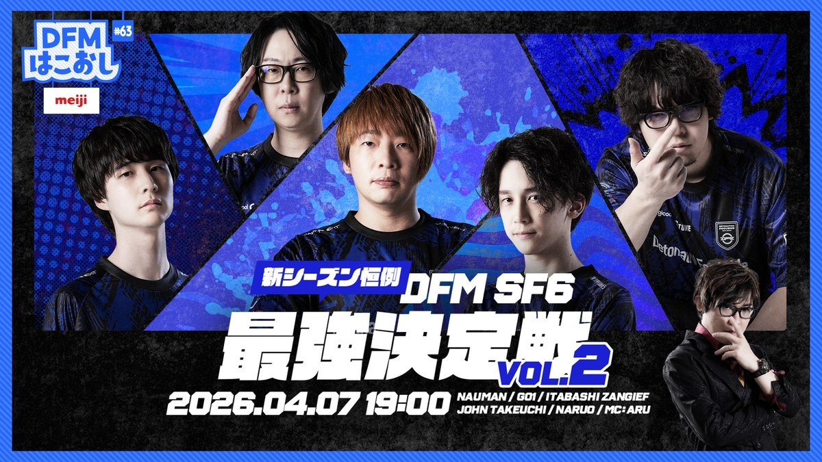 team_detonation's tweet image. ───────────────
　DFMはこおし#63
　スト6新シーズン最強決定戦！
───────────────

⏰19:00~

まもなく放送！
新シーズン恒例のDFMガチンコ対決🥋🔥

板橋ザンギエフ
ナウマン
竹内ジョン
GO1
なるお

この中の誰が“最強”の座を掴むのか――👊
