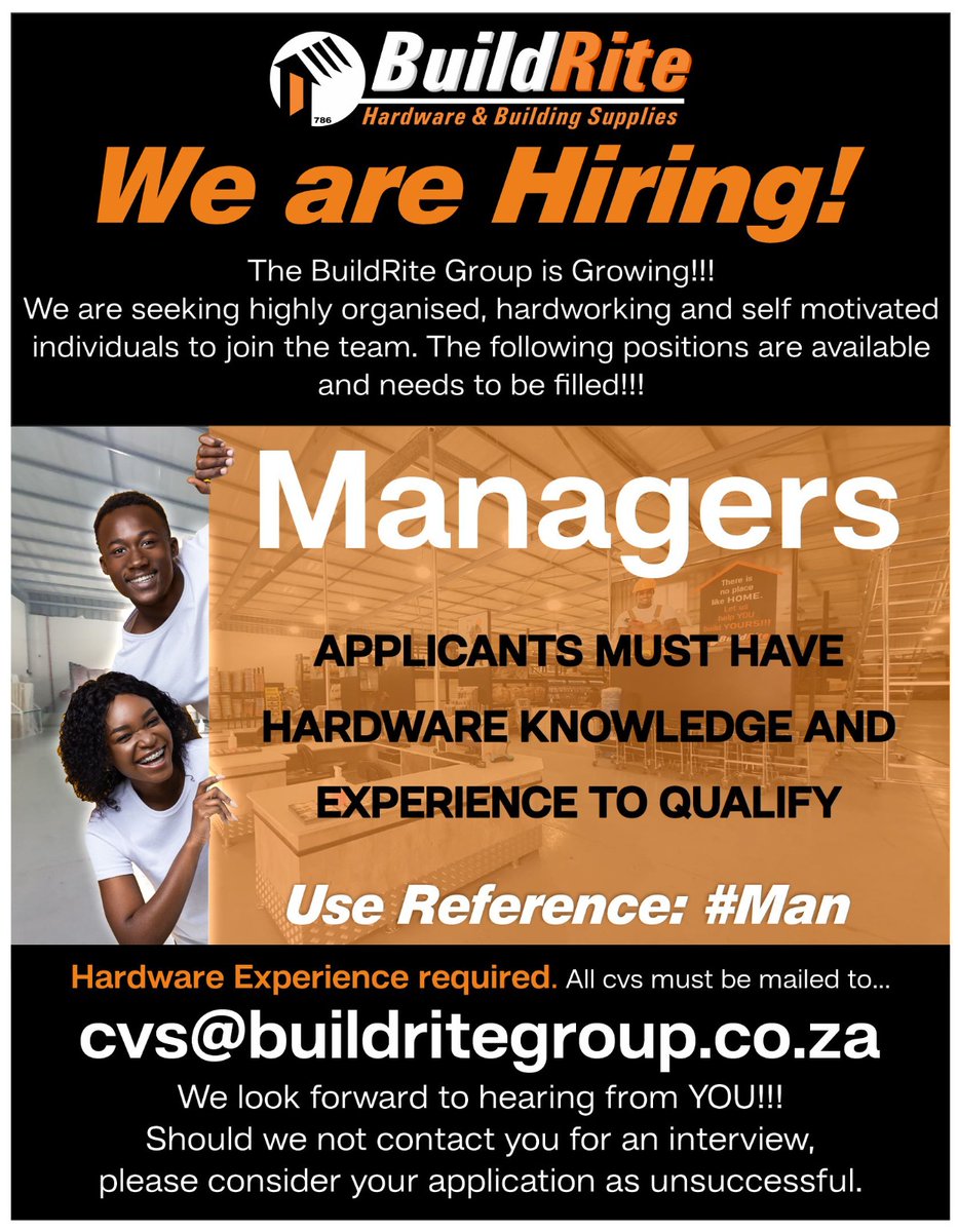 BuildriteH's tweet image. Join BuildRite’s growing team! We are looking for hard working individuals, quick on their feet and always willing to take on new challenges...😁

Send your cv's to - cvs@buildritegroup.co.za

#buildrite #buildritehardware #joinourteam #hardwareexperience #goaldriven #manager
