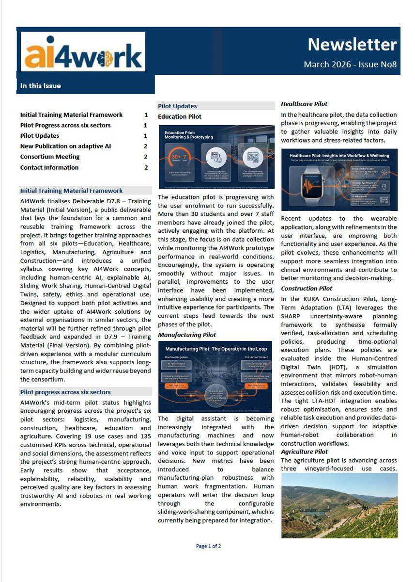 AI4Work_EU's tweet photo. The #AI4Work Newsletter–March 2026 is out
This edition features the finalisation of AI4Work’s initial training material framework across all 6 pilot sectors, progress across 6 pilots &amp; a new publication on adaptive AI explanations
Read the full newsletter: https://t.co/QcsXkyt8Ku https://t.co/SYVbw7xiGP