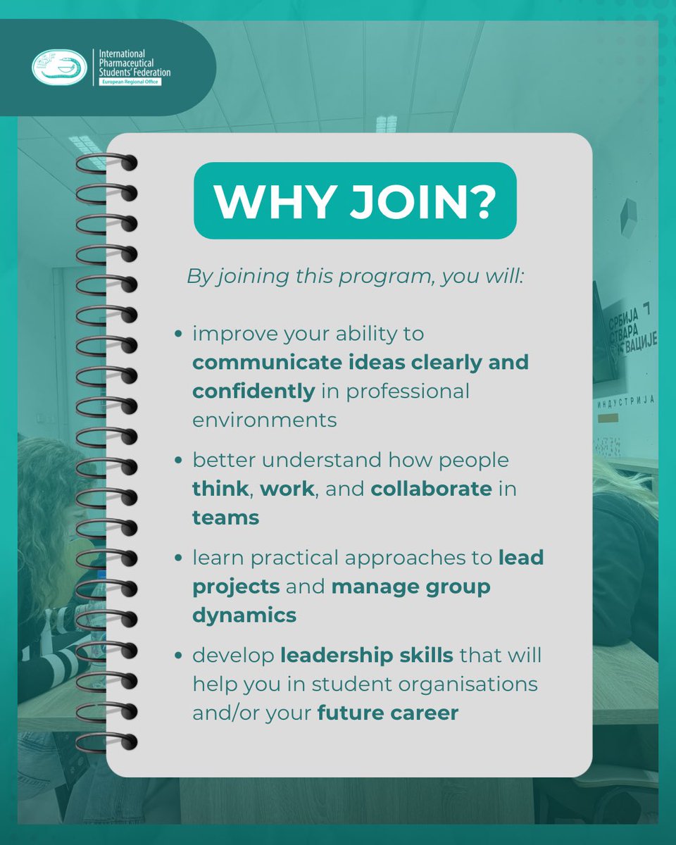 IPSFeuro's tweet photo. IPSF EuRO Leadership Training Series is here! 🚀

4 interactive online sessions for pharmacy students &amp; recent grads.
👥 15 participants only
🧠 Communication, teamwork &amp; leadership skills

📅 7, 8, 14, 15 April | 18:30–20:00 CET
⏳ Apply by 5 April, 22:00 (GMT+1) https://t.co/nGdRMT3B19