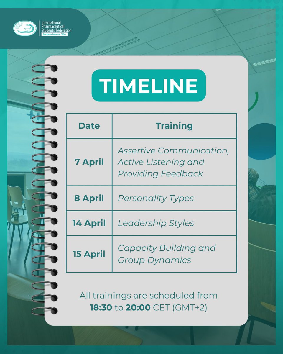 IPSFeuro's tweet photo. IPSF EuRO Leadership Training Series is here! 🚀

4 interactive online sessions for pharmacy students &amp; recent grads.
👥 15 participants only
🧠 Communication, teamwork &amp; leadership skills

📅 7, 8, 14, 15 April | 18:30–20:00 CET
⏳ Apply by 5 April, 22:00 (GMT+1) https://t.co/nGdRMT3B19