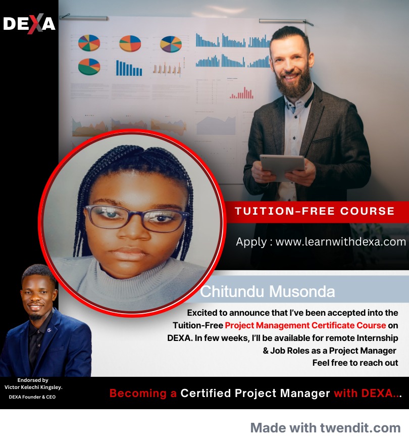 ChitunduNelson's tweet photo. Excited to announce my enrolled in the tuition free project management course taught by The Open University UK & TeamGantt.
#Learnwithdexa
#Iambecomingaprojectmanager https://t.co/kqrIQtLyBh