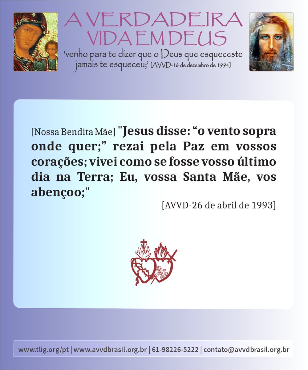 avvdtligbr's tweet photo. Data: 07/04/2026
MARATONA COM JESUS: *Filhos bem-amados, vossos corações ...* [AVVD-26 de abril de 1993]
(completa) aqui: https://t.co/TtGQuV4Lbt
(em inglês) aqui: https://t.co/f7PJHIfXC6
Liturgia diária: https://t.co/blfpUJd8NP
#DeusEAmor | #GodIsLove

https://t.co/dvtZ1vp90q https://t.co/gq4hfg10kw