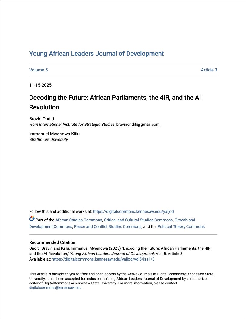 BravinOnditi's tweet photo. I invite you to check out our paper co-authored with @InkImmanuel "Decoding the Future: African Parliaments, the 4IR, and the AI Revolution" published in #YALJOD Volume 5. 

Are African parliaments ready to govern AI? 
🔗https://t.co/fLBb5nvLGv 
#AI #ArtificialIntelligence https://t.co/2iKaffWG2f