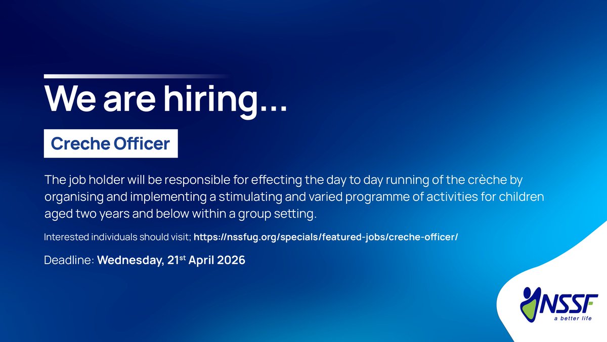 JobclinicUg's tweet image. JOB ALERT
NSSF Uganda is hiring a Crèche Officer to play a vital role in nurturing and supporting young children through engaging, stimulating activities in a caring environment.  

Apply now: jobslinking.com/creche-officer…

Deadline: Wednesday, 21st April 2026