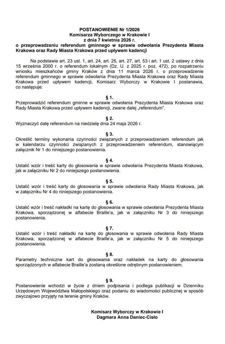 kubiakp__'s tweet image. ‼️ 24 maja referendum w sprawie odwołania prezydenta @Miszalski_ i @Radamiasta #Krakow.

Na stronie Krajowego Biura Wyborczego pojawiło się obwieszczenie w tej sprawie.

@RadioKrakow