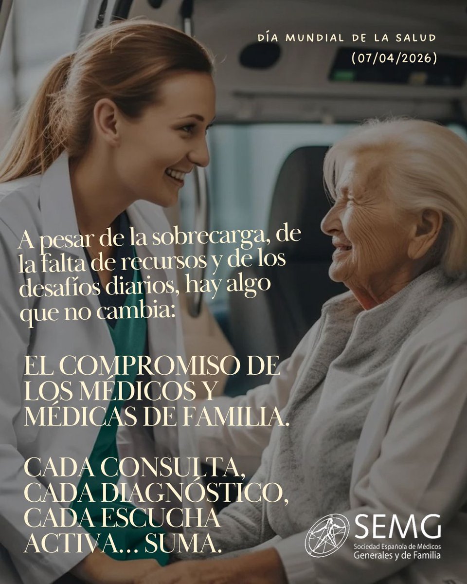 📅 Hoy, 7 de abril, celebramos el #DíaMundialDeLaSalud.

Y lo hacemos desde donde todo empieza: la #AtenciónPrimaria.

A pesar de la sobrecarga, de la falta de recursos y de los desafíos diarios, hay algo que no cambia:
👉 El compromiso de los médicos y médicas de familia👨‍⚕️ 👩‍⚕️