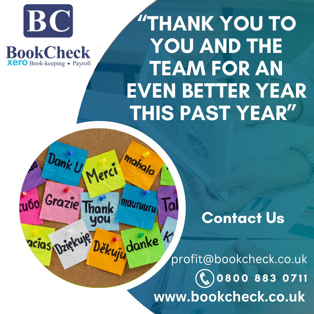 BookCheck_Ltd's tweet image. “Thank you to you and the team for an even better year this past year. It’s been a pleasure working with you all.” bookcheck.co.uk #bookkeeping #payroll #outsourcing