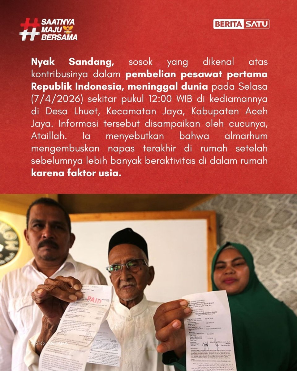 Beritasatu's tweet image. Nyak Sandang akan dimakamkan di di Desa Lhuet, Kecamatan Jaya, Kabupaten Aceh Jaya.

Simak berita di Beritasatu TV, BeritaSatu.com, YouTube BeritaSatu, dan unduh aplikasi BeritaSatu di iOS dan App Store!

#NyakSandang #Pesawat #Aceh  #SaatnyaMajuBersama #BeritaSatu